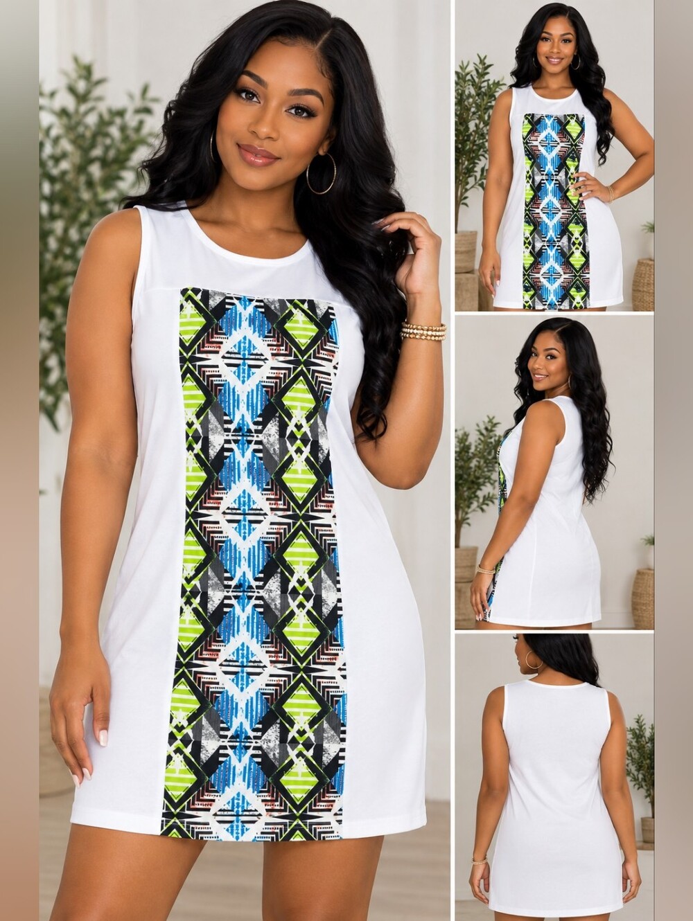 Pinklicious White Sleeveless Dress with Blue & Lime Geometric Panel